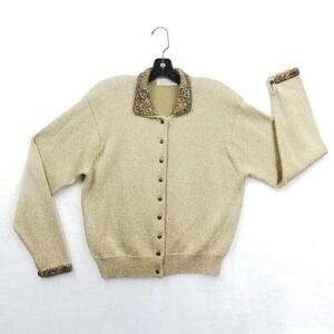 Vintage Lord & Taylor Cardigan Women L Gold Metallic‎ Wool Blend Beaded Sweater
